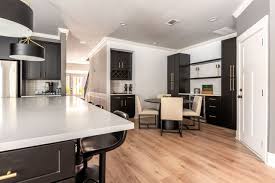 Finished basement with dark cabinets quartz countertop and modern lighting by Black Ridge Contracting in Ankeny Iowa
